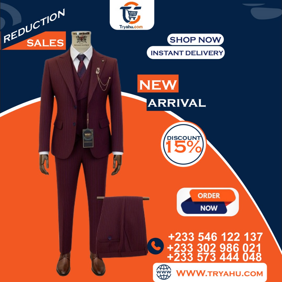 Quality Fabric New 3-in-1 Suit Dark Red Elegant Men's Formal Wear