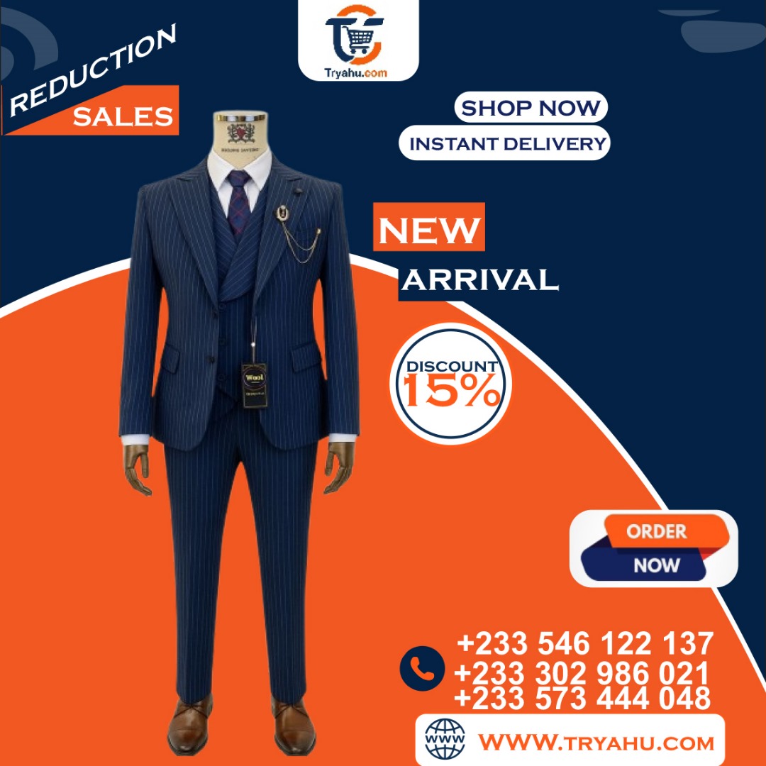 Quality Fabric New 3-in-1 Suit Blue Striped Elegant Men's Wear