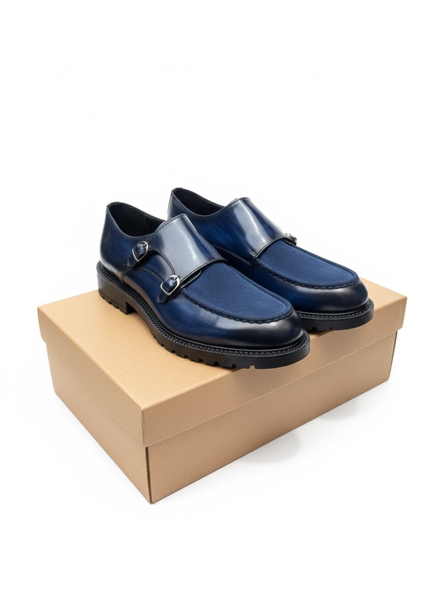 Blue Leather Double-Buckle Mens Dress Shoe – Premium Quality
